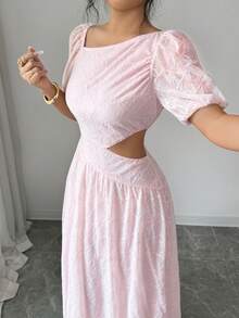 Modelyn 女士优雅腰部镂空花瓣袖提花连衣裙 - 粉色 - 查看 5