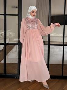 DAZY 女士优雅亮片拼接荷叶边花瓣袖中长连衣裙，夏季 - 淺粉色 - 查看 4