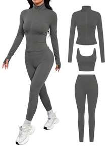 SHEIN PETITE 3pcs Brown Knit Women's Sports Set, Suitable For Yoga, Running, Workout, Daily Wear, Autumn/Winter - Grey - View 10