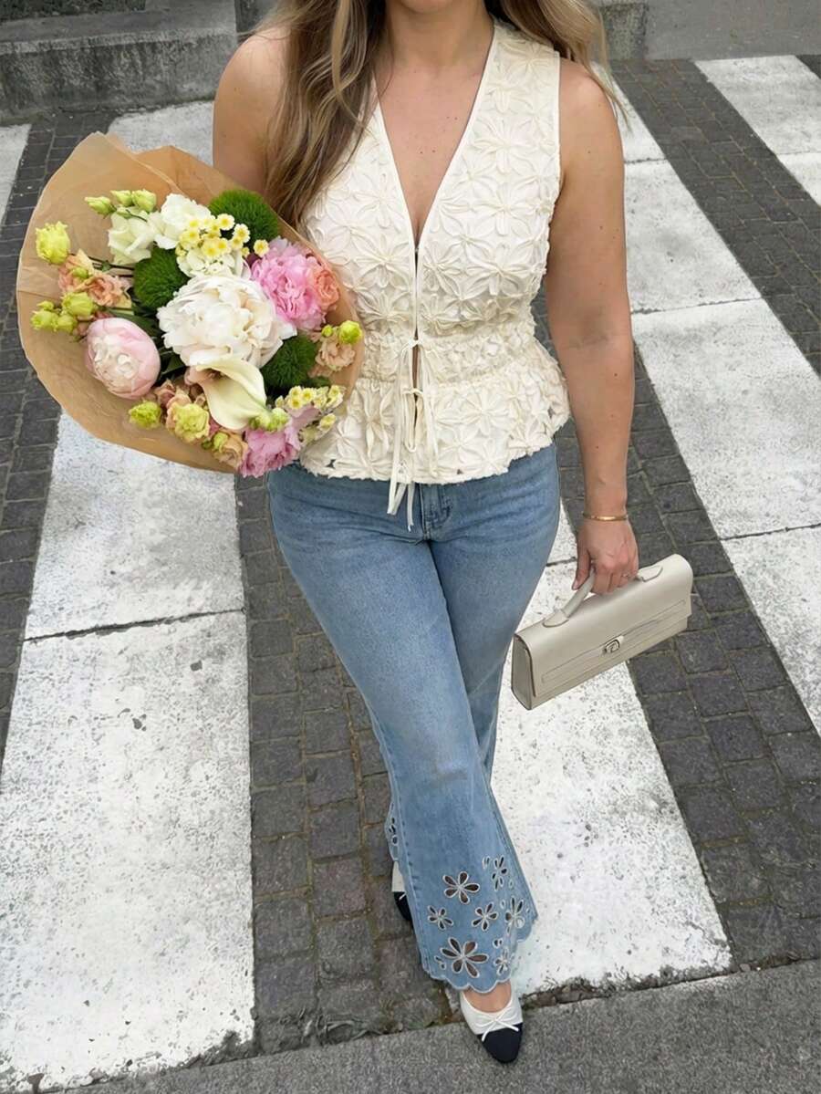 Dripcurv Plus-Size Women's Spring Apricot-Colored 3D Floral Tie-Up Top, Elegant Vacation Top, Ruffled Hem Top,Spring Clothes Women,Summer Clothes,Summer Top, Summer Tops - Beige - View 1