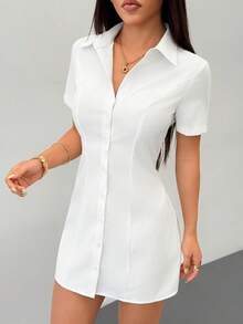 SHEIN PETITE 女士休闲日常办公通勤纯色短袖修身衬衫裙 白色衬衫裙 - 白色 - 查看 14