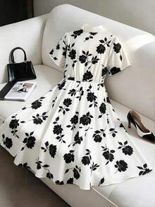 SHEIN Clasi New Summer Elegant Romantic Black & White Floral Print Maxi Dress, Suitable For Office Commute, Vacation Beach, Shirt Collar Maxi Dress - Black and White - View 2
