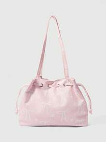 ROMWE Fairycore Sweet Lace Pearl Bow Tote Bag, Pink Striped Soft Girl Shoulder Bag, College Student Class Commute Bag - Pink bow - View 5