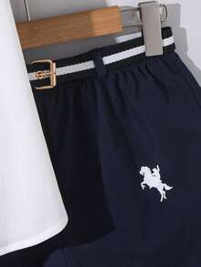 SHEIN 两件套男童 Polo 领短袖衬衫和马匹图案腰带装饰短裤，绅士风格，适合通勤、上学、日常休闲、大学、运动、春夏穿着。 - 彩色 - 查看 5