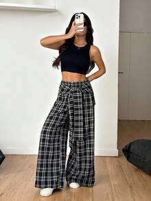 SHEIN PETITE Fall Clothes For Women Going Out Streetwear Plaid Woven Tie-Waist Wide Leg Loose Casual Pants Plaid Pants Checkered Pants - Multicolor - View 9