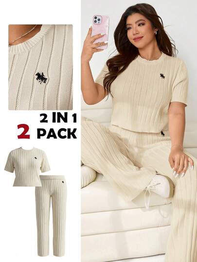 Solflare Plus Size Women Knight Embroidery Short Sleeve Knit Top And Knitted Blend Pants Casual 2 Pieces Set,Summer Holiday Outfits,Spring Break Outfits,Carnival Women Look 2026,Going Out Outfits