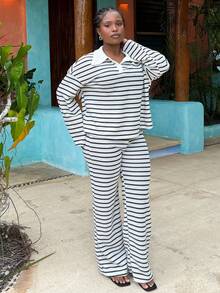 Tyla Gomez 女士 2 件套宽松条纹 V 领落肩长袖 T 恤和松紧腰条纹裤，冬季毛衣套装，秋冬 - 黑與白 - 查看 5