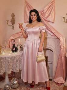 SHEIN MOD Đầm midi trễ vai thắt eo cỡ lớn dành cho nữ, màu đỏ tía, mùa thu/đông, Halloween, chủ đề "Ác mộng trước Giáng sinh", trang phục Halloween cho nữ, dự tiệc, thanh lịch, đầm satin đỏ, đầm trễ vai, đầm dạ hội đỏ, đầm dài đến bắp chân đỏ, đầm dự tiệc đỏ, đầm dự đám cưới cho nữ. - Hồng - Xem 9
