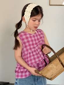 Dazy Kids Young Girls Round Neck Plaid Woven Shirt - Pink - View 6