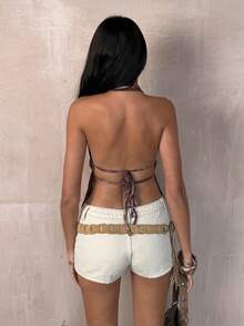 TRNVIE Women's Casual Vacation Deep V Neck Backless Paisley Tie Strap Sexy Bohemian Halter Crop Top, Suitable For Beach Holiday Western Top Brown Top Women Halter Top Brown Halter Top Paisley Top - Brown - View 2