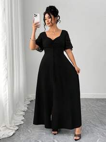 Elenzga Plus Size Women's Solid Color Sweetheart Neck Ruffle Hem Elegant Dress - Black - View 6
