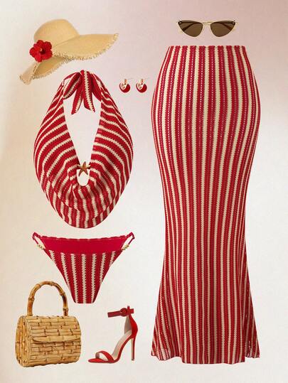 Swim Oasis Conjunto de playa para mujer: Tejido de punto texturizado rojo y beige, cuello profundamente drapeado, decoración de pentágono de metal, adorno de perlas, falda maxi ajustado sexy, conjunto de traje de baño halter elegante y casual de moda, conjunto de 3 piezas con falda