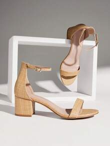 SHUZIA Sandalias de mujer con tira de tobillo, punta abierta, tacón bajo de bloque, minimalistas de rafia - Cómodas y esenciales - Beis - Ver 7