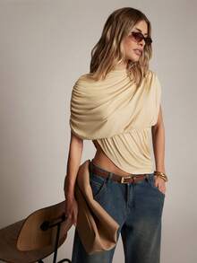 Hauture Women's Sexy Draped Asym Top For Office Layering - Apricot - View 6