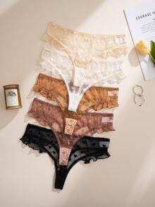 Conjunto de 5 piezas de bragas tipo tanga con volantes de malla jacquard con forma de corazón, una combinación dulce - Multicolor - Ver 1