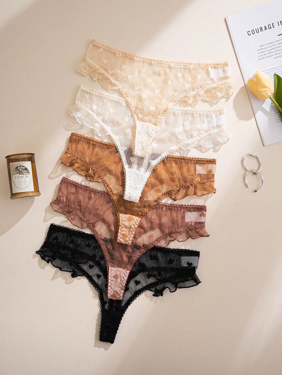 Conjunto de 5 piezas de bragas tipo tanga con volantes de malla jacquard con forma de corazón, una combinación dulce - Multicolor - Ver 1