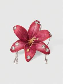 ROMWE Grunge Punk 1 Lily Simulated Flower Keychain, Hand-Punched And Pierced Creative Pendant, Personalized Bag Accessories - Burgundy - View 1