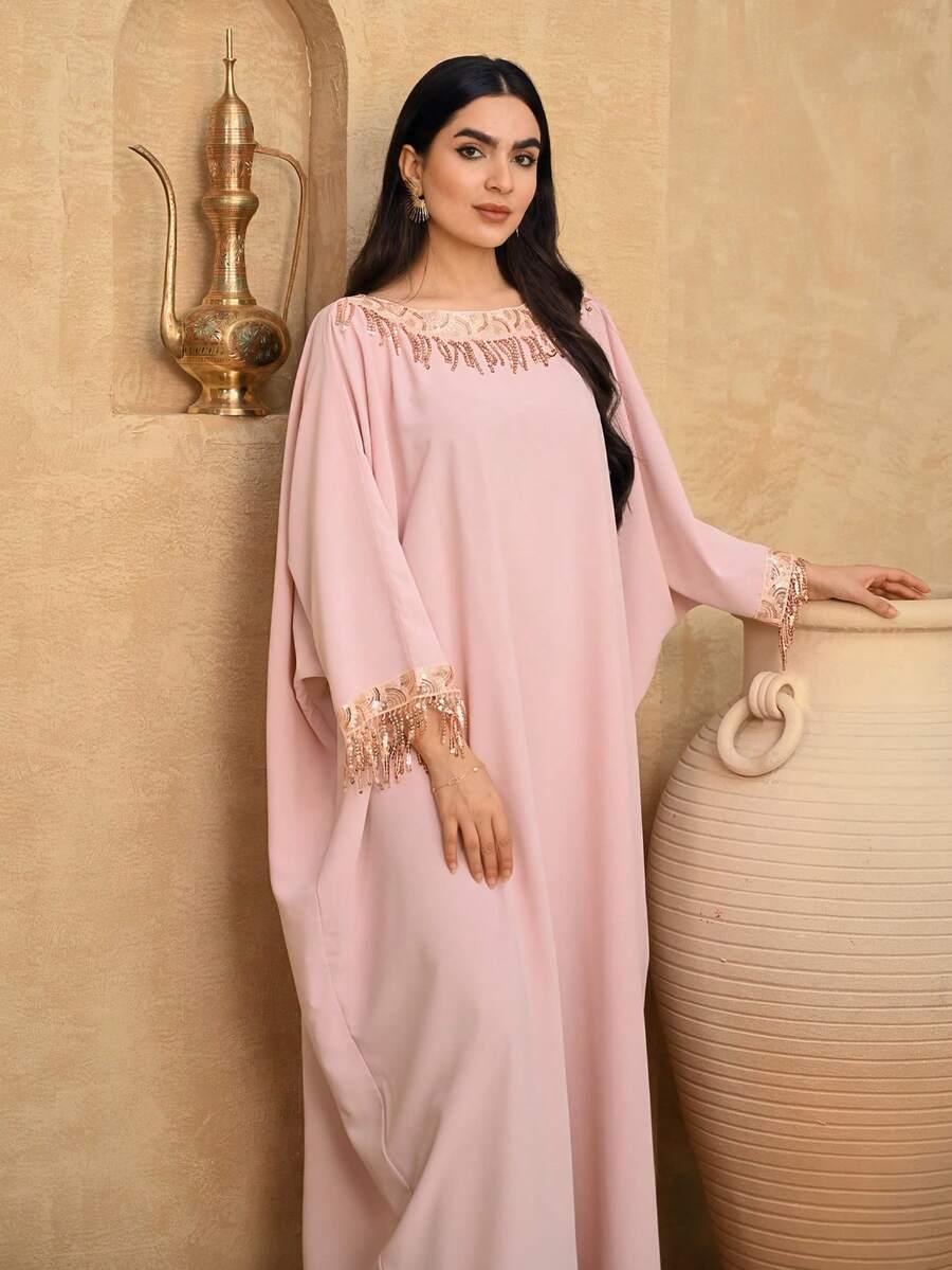 DAZY Elegantes Damen Farbblock Pailletten Patchwork Fransen Kleid, Frühling/Sommer, Hochzeitsgast Kleid für Frauen - Pink - Übersicht 1