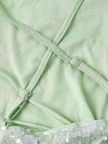 SHEIN MOD 大码薄荷绿垂褶领吊带A字连衣裙，亮片连衣裙，派对连衣裙 - 綠色 - 查看 4