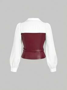 MOD Camisa vintage de talla grande con parches, 2 en 1, con cinturón decorativo, elegante para la oficina/ir al trabajo, primavera/verano - Multicolor - Ver 2