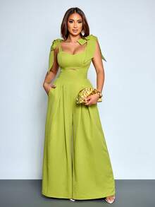 SOLERSUN 女士方形心形领口蝴蝶结露肩阔腿喇叭连体裤，后背褶皱优雅连体裤，适合派对/约会/通勤，优雅修身，适合休闲/通勤/派对/约会 - 綠色 - 查看 4