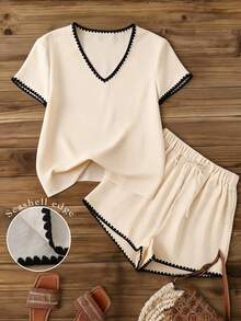 Franclia 女士夏季休闲撞色滚边衬衫和短裤两件套 - 杏色 - 查看 1