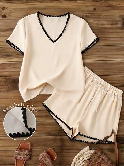 Franclia Women's Summer Casual Contrast Trim Shirt And Shorts 2 Pieces Set