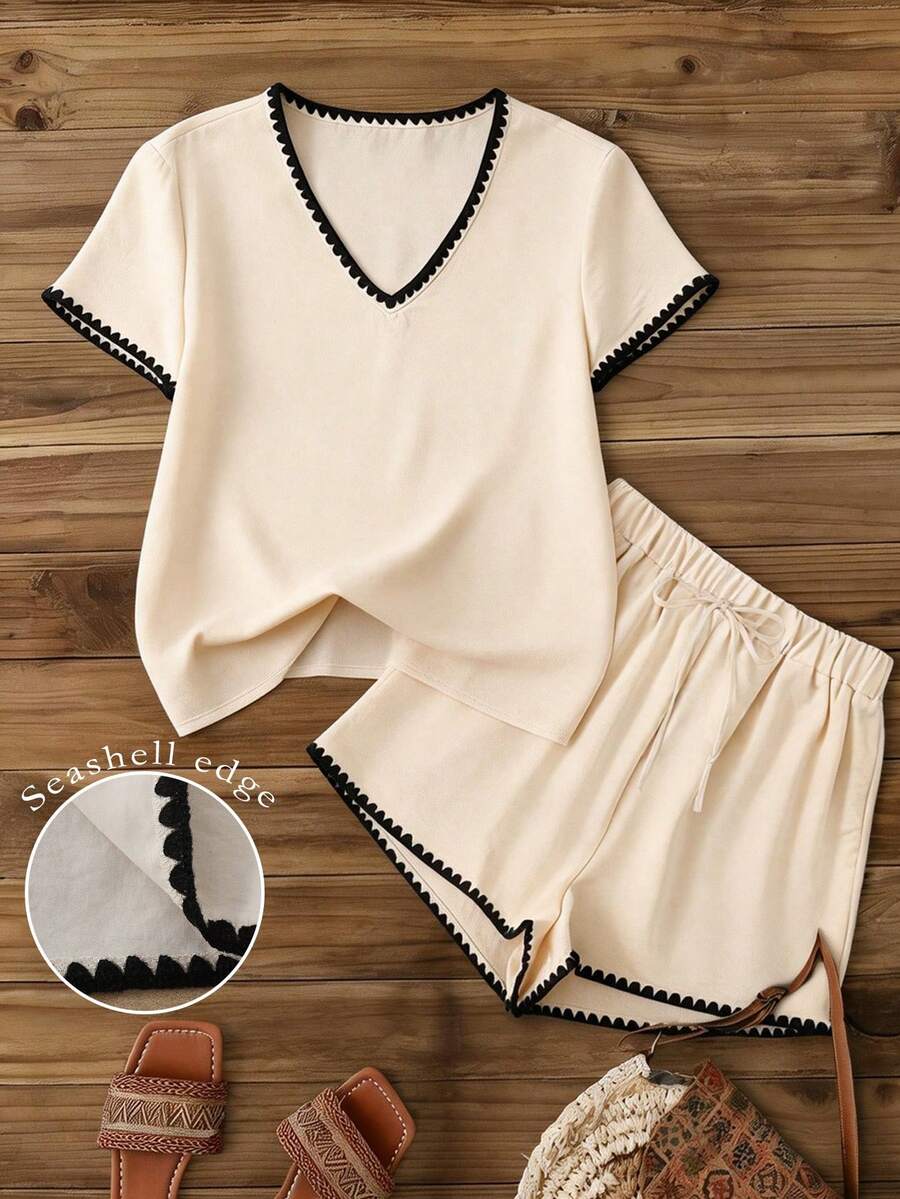 Franclia 女士夏季休闲撞色滚边衬衫和短裤两件套 - 杏色 - 查看 1