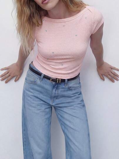 Maija Women's Solid Color Boat Neck Cap Sleeve Rhinestone Decor Fitted Fashionable T-Shirt 90s Top Rose Top Cute Jeans Jeans Top 90s Outfit Women