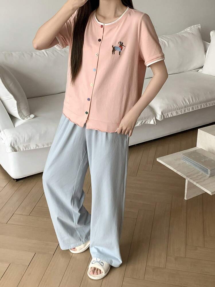 2pcs Women Summer Pajama Set: Deer Embroidery Short Sleeve Top And Solid Color Straight Leg Pants