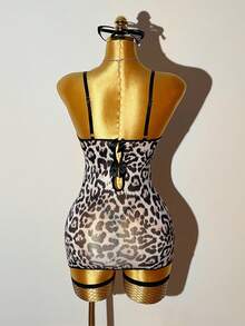 Women's Sexy Leopard Print Lace Ruffle Hem Hollow Out Bodycon Dress With Fishnet Stockings 4-Piece Set - White - View 2