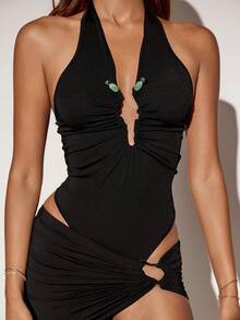 SHEIN ICON Sexy Y2K Deep V-Neck Metallic Bodysuit, Solid Black - Black - View 1