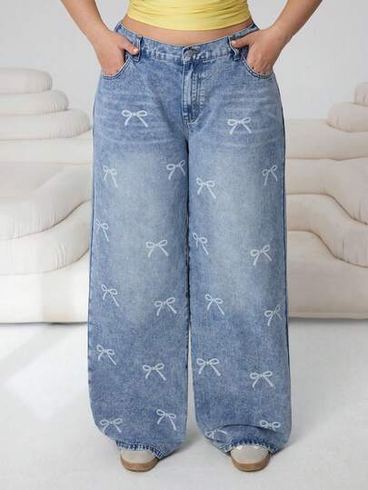 Solflare 大码女式蝴蝶结装饰口袋阔腿宽松休闲牛仔裤