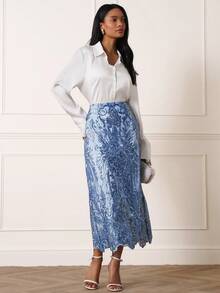 Lilora 女士优雅蕾丝串珠半身裙，时尚夏季 - 藍色 - 查看 4