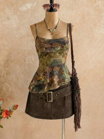 Sweetra New Arrival Spring/Summer Women's Sweet & Sexy Vintage Fruit Flower Print Fitted Casual Camisole Tank Top, Versatile For Daily Wear & Dates, Random Floral Pattern Earthy Clothes Women Camouflage Outfit For Women Earthy Tops