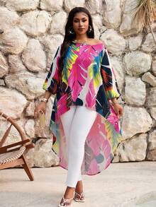 SHEIN Lady Áo kiểu dáng mùa xuân hè, phong cách boho, thường ngày, thích hợp đi biển, dự tiệc âm nhạc/lễ hội âm nhạc, chất liệu dệt nhiều màu sắc, cổ tròn, tay phồng, dáng bất đối xứng, cỡ lớn. - Nhiều màu - Xem 3