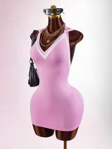 Amplova Women's Striped Backless Fitted Mini Dress With Hood - Pink - View 3