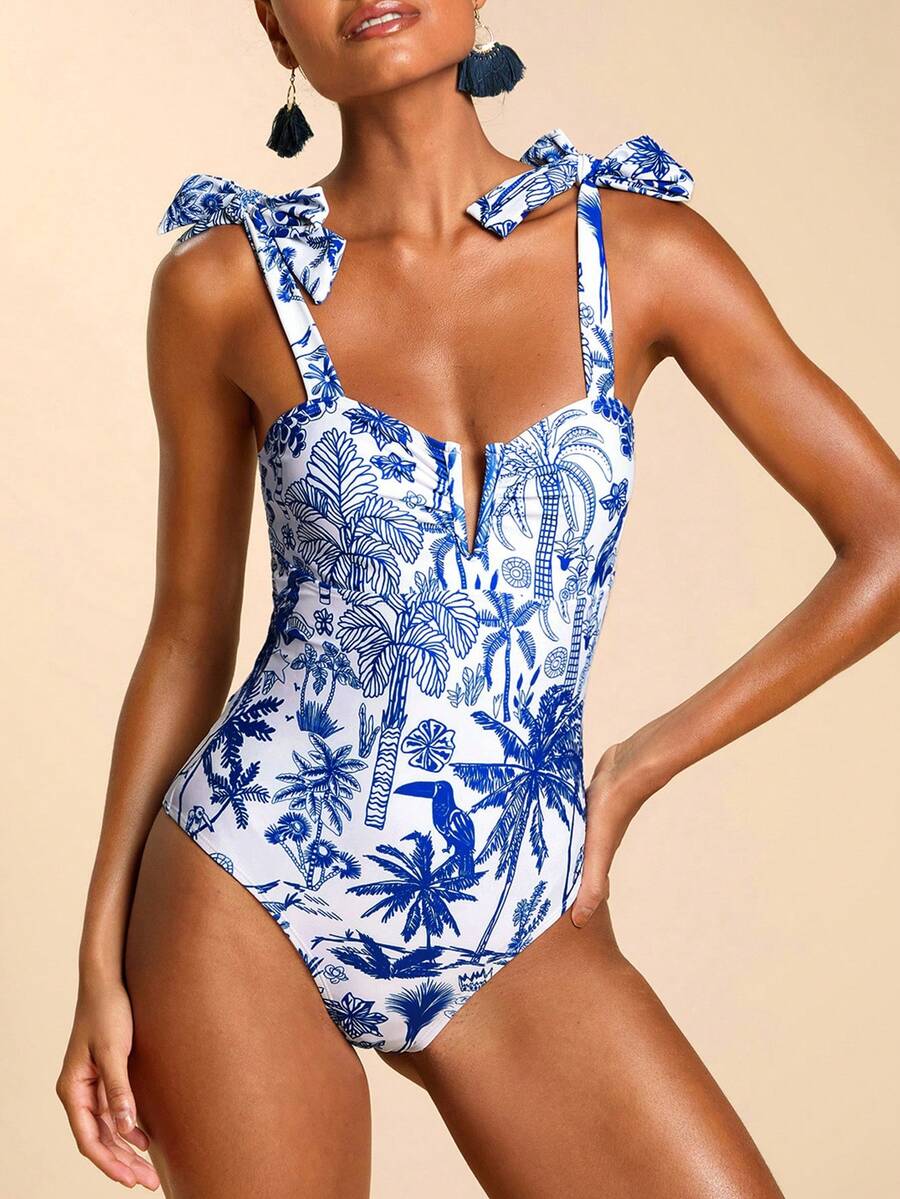 Travachic Women's Palm Tree Print Twist Front One-Piece Swimsuit, Vacation Style - Multicolor - View 1