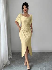 Modelyn 女士金属扣撞色荷叶边领花瓣袖修身优雅连衣裙，春夏款 - 黃色 - 查看 5