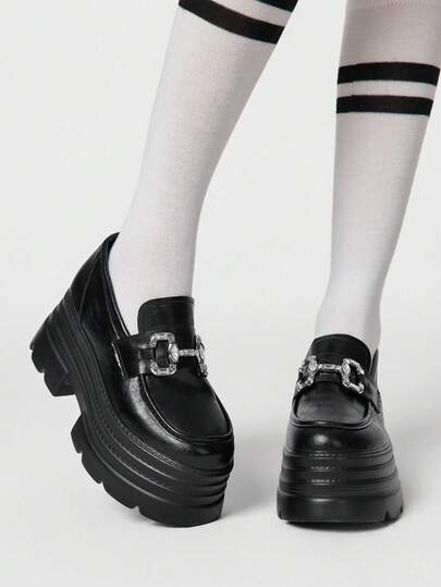 ROMWE Goth Women's Black Slip-On Loafers, Mary Jane Flat Shoes, Japanese JK Uniform Style, Formal Work Shoes, Platform & Thick Sole Flats For Christmas