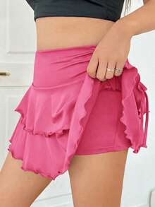 Solflare Plus Size A-Line Skirt With Side Drawstring Detail,Spring Summer Clothes Fall - Pink - View 3