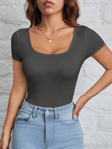 SHEIN PETITE 休闲简约女士两件套圆领短袖连体衣，适合夏季穿着 - 彩色 - 查看 4