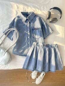 Conjunto de dos piezas para niña preadolescente de primavera-verano Y2K, camisa de hombros caídos de mezclilla lavada clara y falda mini plisada de mezclilla - Lavado ligero - Ver 1