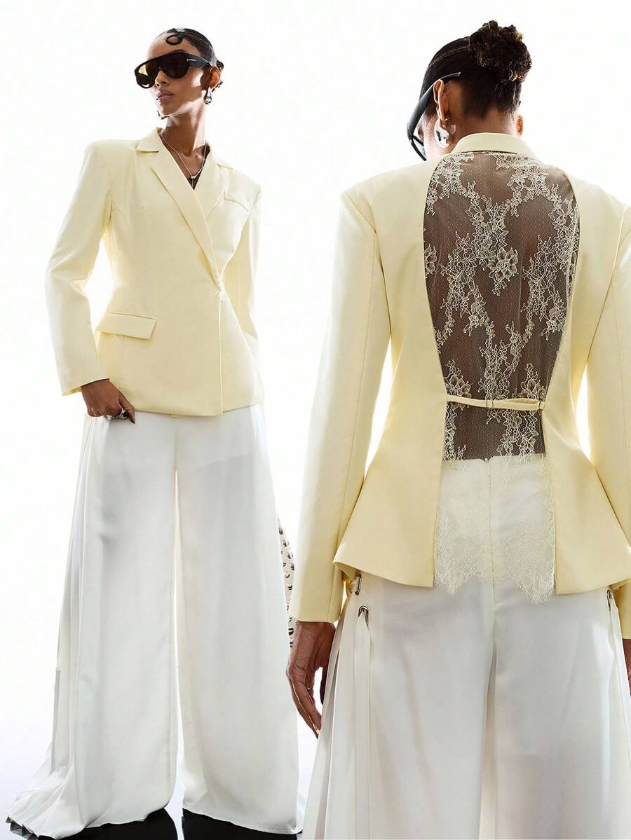 LYSMO Women's Lace Patchwork Notched Collar Fashionable Versatile Commuting Long Sleeve Blazer - Light Yellow - View 1