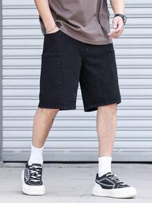Manfinity Hypemode Quần short denim ống rộng dáng suông tối giản màu trơn, phối nhiều mảnh, dành cho nam giới mùa hè, phong cách thường ngày, thích hợp đi làm. - Xám - Xem 4