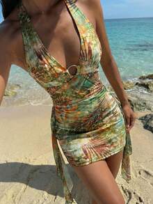 Nevyona Women's Green Summer Boho Tropical Beach Vacation Holiday Multi-Color Floral Print Halter Backless Mini Scarf Dress,Two Piece Set Resort Wear - Multicolor - View 2