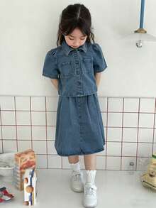DAZY Conjunto informal de niña joven de primavera: camisa de manga abullonada con botones y minifalda de mezclilla - Azul lavado medio - Ver 8