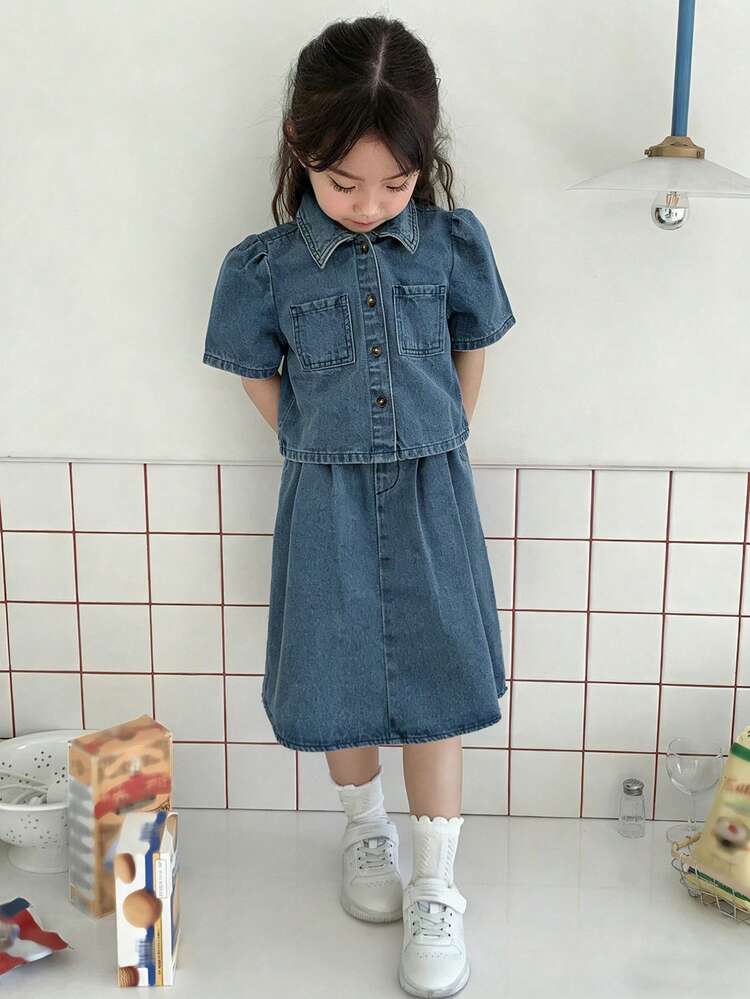 Young Girl Casual Denim Set: Puff Sleeve Button-Up Shirt And Mini Skirt Spring