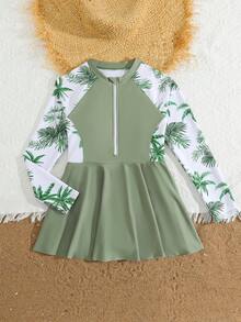 SHEIN 少女连体泳衣，前拉链设计，碎花印花，短袖侧拼接，时尚休闲优雅，适合游泳、夏季度假、海滩、泳池、节日派对等场合。 - 綠色 - 查看 9