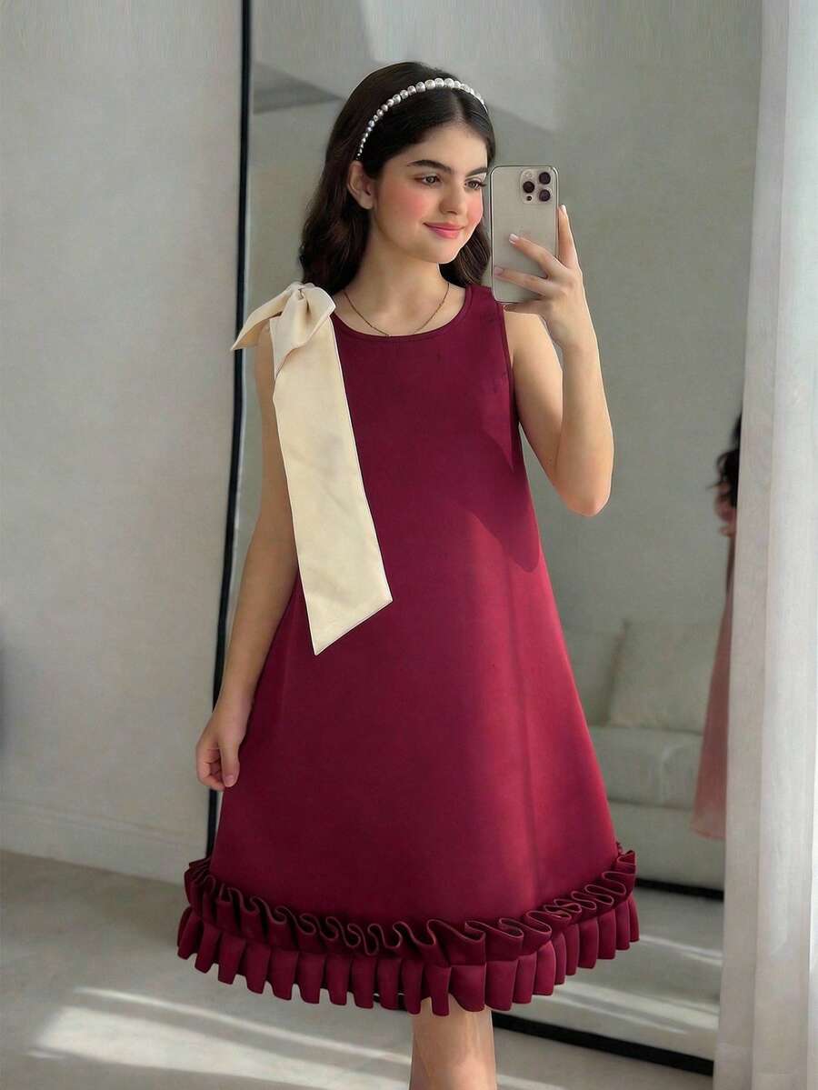 SHEIN Girls' Elegant Detachable Big Bow Decor Sleeveless A-Line Patchwork Pleated Hem Dress, Suitable For Daily, Party, And Formal Occasions, Spring/Summer - Red - View 1